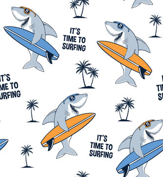Vector Seamless pattern with shark  illustrations and slogan text, for t-shirt prints and other uses.