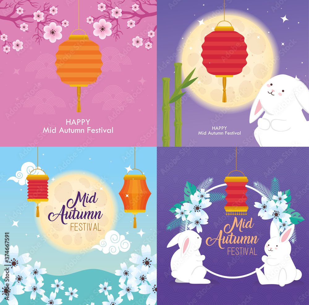 Sticker frames with rabbits and lanterns design, happy mid autumn harvest festival oriental chinese and cele