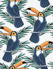 Vector Seamless pattern with toucan bird illustrations and slogan text, for t-shirt prints and other uses. © cddesign.co
