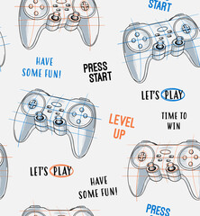 Vector Seamless pattern with joysticks gamepad  illustration and slogan text, for t-shirt prints and other uses. © cddesign.co