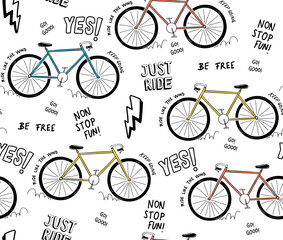 Vector Seamless pattern with bicycle illustration and slogan text, for t-shirt prints and other uses.