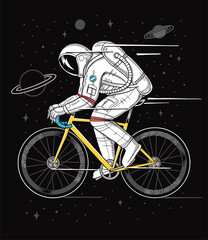An astronaut riding bicycle in space. Space rider vector illustration for t-shirt prints posters and other uses. © cddesign.co