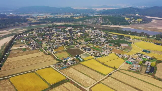 Aerial video of Andong Hahoe Folk Village in Autumn South Korea, A village surrounded by a river.