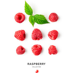 Raspberries and leaves collection and creative pattern