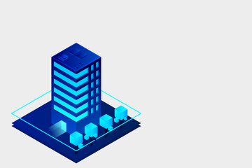 Fototapeta premium Smart city or intelligent building isometric vector concept. Modern smart city urban planning and development infrastructure buildings. Creative vector illustration on gradient background.