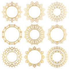 Set of nine round gold frames on a white background. Vector design element. Vintage circular ornament.