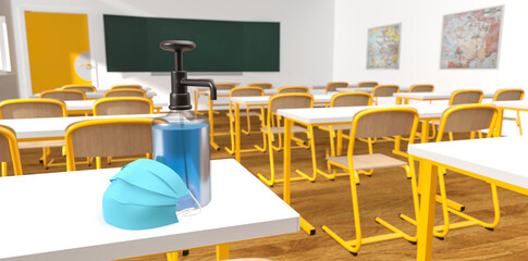 bouteille de gel et masque posés sur un bureau dans une salle de classe vide. Rendu 3D