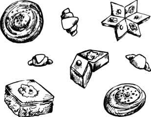 Delicious Azerbaijani sweets pakhlava, shor-gogal,mutekke-sketch .Novruz sweets icons. Traditional Azerbaijan Novruz holiday pastry.