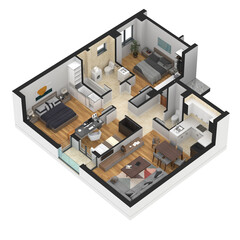 3d rendering of an isometric plan view of the apartment