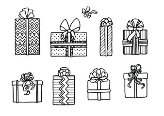 Vector holiday gifts. Contour drawing. Coloring pages for children and adults. The concept of Christmas and the new year. Design for packaging, Wallpaper, backgrounds, and fabric