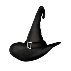 Pointed black hat with a buckle for a witch on a white background. Digital illustration drawn by...
