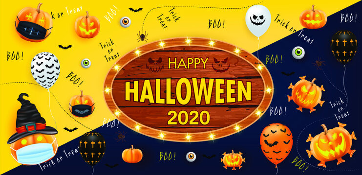 Happy halloween 2020 poster with halloween ghost balloons and pumpkin With a mouth mask. vector EPS 10  illustration