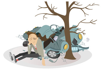 Man, car, and road accident illustration. Upset man seats on the ground near a car which crashed into the tree
