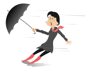 Strong wind, rain and woman with umbrella isolated illustration. Whirlwind, rain and woman with umbrella stands under the rain and strong wind isolated on white
