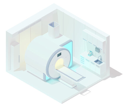 Vector isometric low poly MRI room interior with radiography equipment. Medical hospital or clinic MRI and tomography laboratory room. MRI scanner