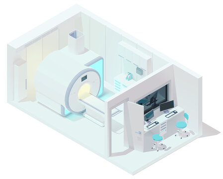 Vector isometric low poly MRI room interior with radiography equipment. Medical hospital or clinic MRI and tomography laboratory and observation room. MRI scanner