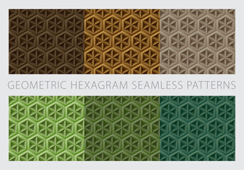 Geometric hexagram shapes seamless patterns. Color earth tone set. Brown and green background. Vector illustration.