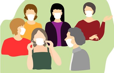Fototapeta premium a group of people in medical masks. coronavirus, quarantine. color drawing by hand in the style of flat art.