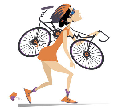 Tired woman cyclist with a broken bike illustration. Tired cartoon cyclist woman in helmet carries a broken bike on the shoulder isolated on white

