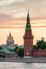 Sunset view of Moscow Kremlin above the Moscow river, Russia.