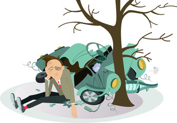 Man, car, and road accident illustration. Upset man seats on the ground near a car which crashed into the tree
