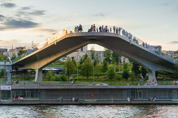 Sunset view of Floating bridge in Zaryadye Park near Moscow Kremlin, Russia.