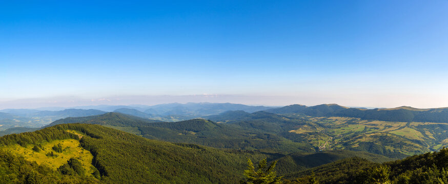 Traveling by the Carpathians. Polonyna Runa, Gostra, and other peaks. Spring, Summer and Autumn rest in the Carpathians. Green, Blue colors. Forest and meadows.