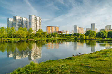 Fototapeta premium Beautiful morning view of Yuzhnoe Butovo park in South Butovo district, Moscow, Russia.