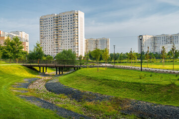 Fototapeta premium Beautiful morning view of Yuzhnoe Butovo park in South Butovo district, Moscow, Russia.