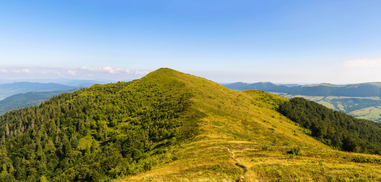 Traveling by the Carpathians. Polonyna Runa, Gostra, and other peaks. Spring, Summer and Autumn rest in the Carpathians. Green, Blue colors. Forest and meadows.