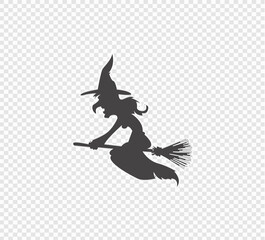 Witch flies on a broomstick - vector template for design for Halloween on a transparent background