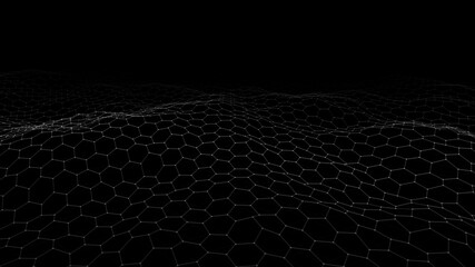Futuristic black hexagon background. Futuristic honeycomb concept. Wave of particles.  illustration.