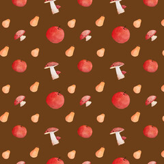 Apples, Pears and Mushrooms pattern. Watercolor autumn background. Cozy fall wallpaper. Warm earth tones. 