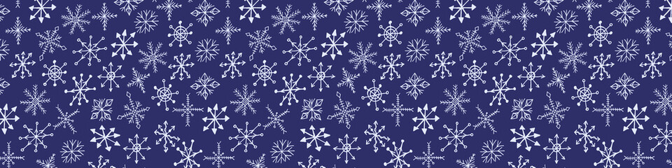 Fototapeta na wymiar Snowflake simple doodle illusatration. Hand drawn snow banner on blue background. Winter season, Christmas celebration