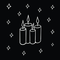 Magical silver candles with stars, lights, sparkles. Christmas hand drawn illustration. Astronomy astrology occult elements isolated on black background. 