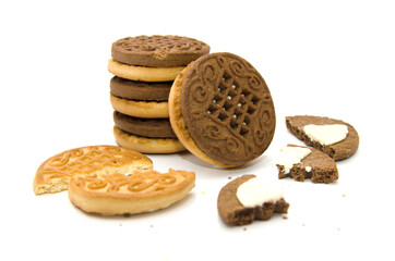 Sandwich cookies on a white background. Close-up. Cookie chunks and crumbs