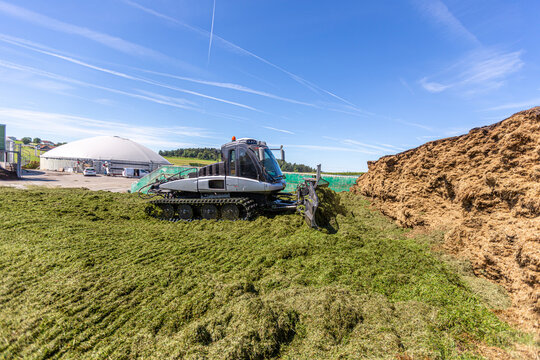 BAVARIA / GERMANY - AUGUST 20, 2020: Prinoth Leitwolf snowcat prepares the silage for the biogas plant