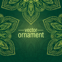 Golden mandala on a green background. Ethnic ornament, card, flyer