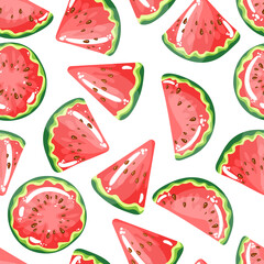 Seamless pattern, texture. Red watermelon slices with seeds on a white background