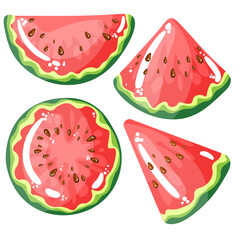 Red watermelon slices with seeds on a white background. Collection
