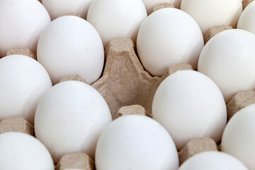 Texture background even rows of white chicken eggs in a cortnon box with one empty cell with daytime cloudy light
