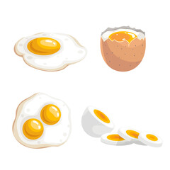 Cartoon flat design eggs set. Whole, boiled eggs and fried eggs. Fresh farm products. Breakfast symbol. Isolated on white background.