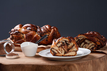 .Chocolate Babka or Brioche Bread. Stuffed with hazelnut cream. Copy space