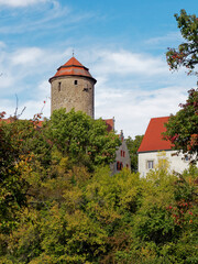 Fototapeta premium Schloss und Kirche in Lisberg, Gemeinde Lisberg, Landkreis Bamberg, Oberfranken, Franken, Bayern, Deutschland