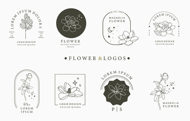 Beauty occult logo collection with geometric,magnolia,moon,star,flower.Vector illustration for icon,logo,sticker,printable and tattoo - obrazy, fototapety, plakaty