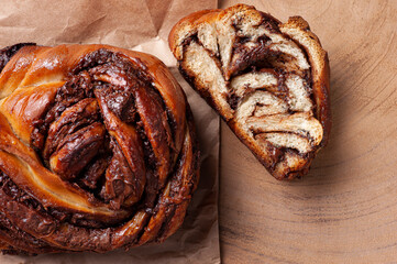 Chocolate Babka or Brioche Bread. Stuffed with hazelnut cream. Top view
