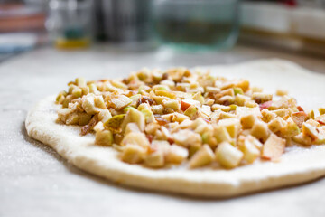 Pie filling with apples and raisins. Yeast dough for pie.