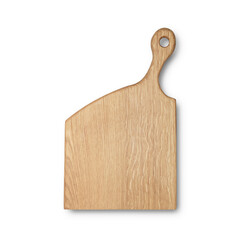 Oak wood chopping board top view isolated. Organic serving plate