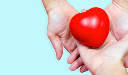 close up picture of hands holding heart shape model on blue background