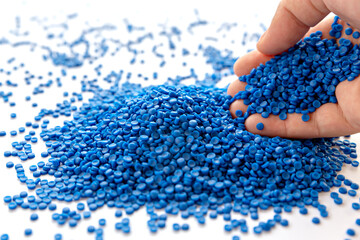 Blue plastic grain, plastic polymer granules,hand hold Polymer pellets, Raw materials for making...